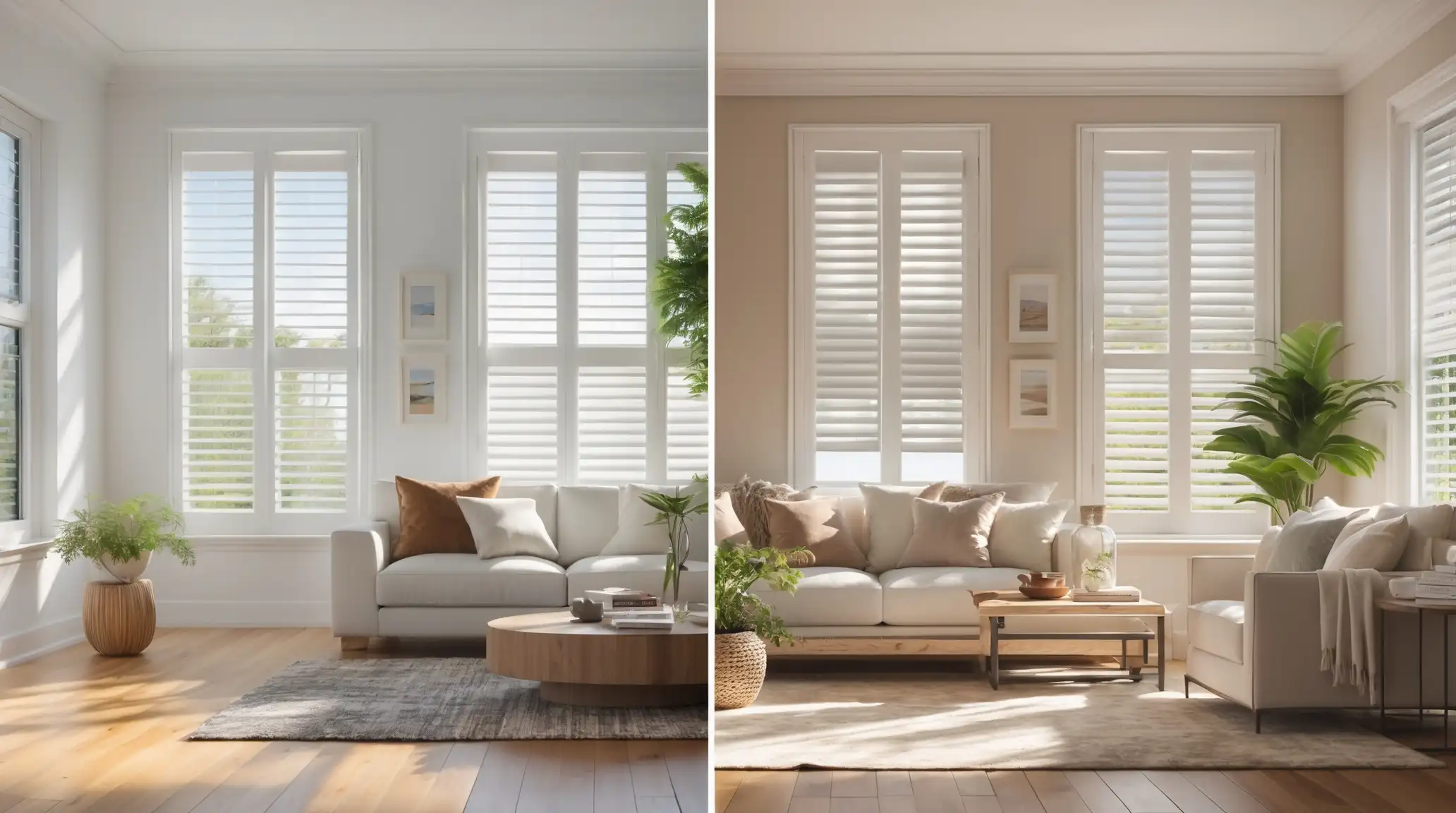 living room before and after plantation shutters